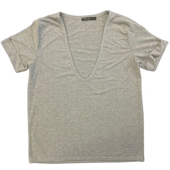 Nasty Gal Gray Oversized V-Neck Cuff Short Sleeve T-shirt Women’s Medium Large - Picture 4 of 6